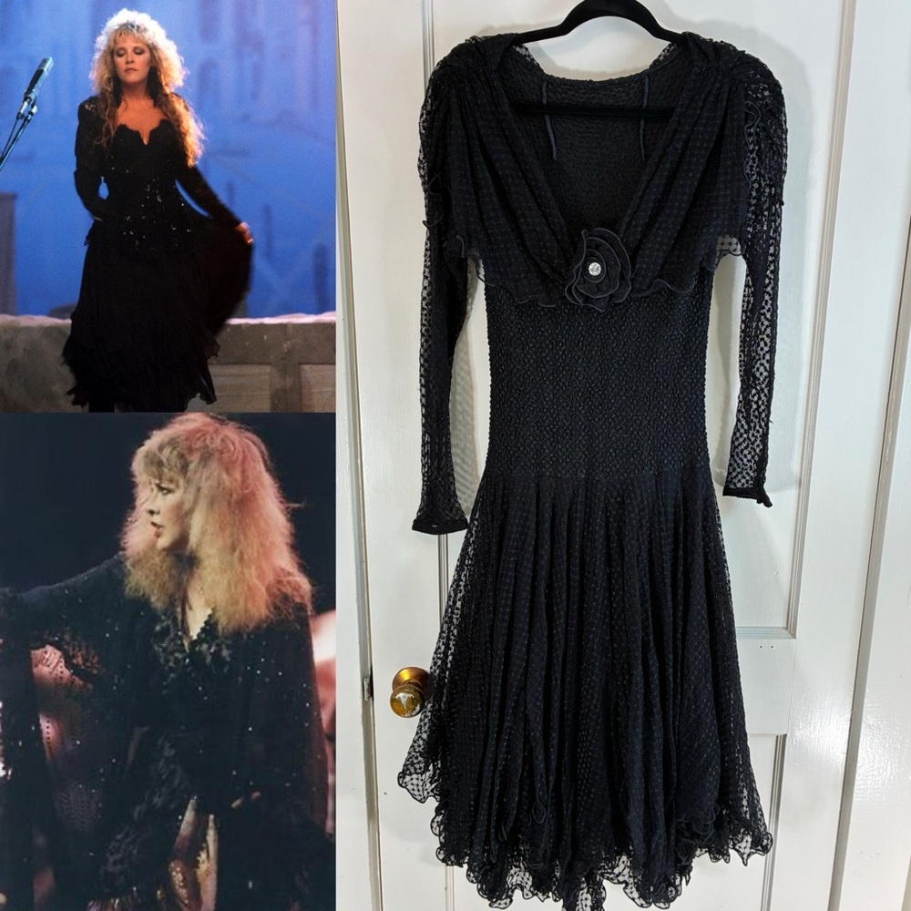 Vintage 80s/90s Sara Mique Black Stretch Swiss Dot Mesh Dress Witchy Whimsigoth